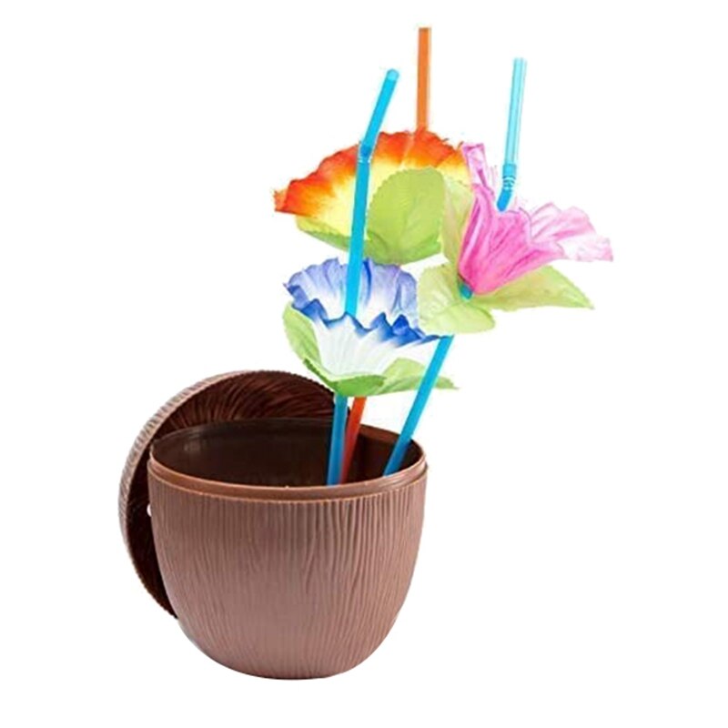30 Pack Coconut Cups Hawaiian Luau Kids Party with Hibiscus Flower Straws,Beach Theme Party Fun Drink or Decoration Cups