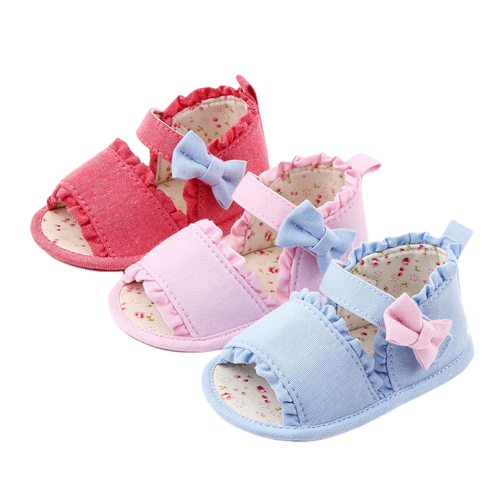 Newborn Baby Girls Crib Shoes, Cute Summer Bowknot Floral Sandals Soft Anti-Slip Sole Toddler First Walkers