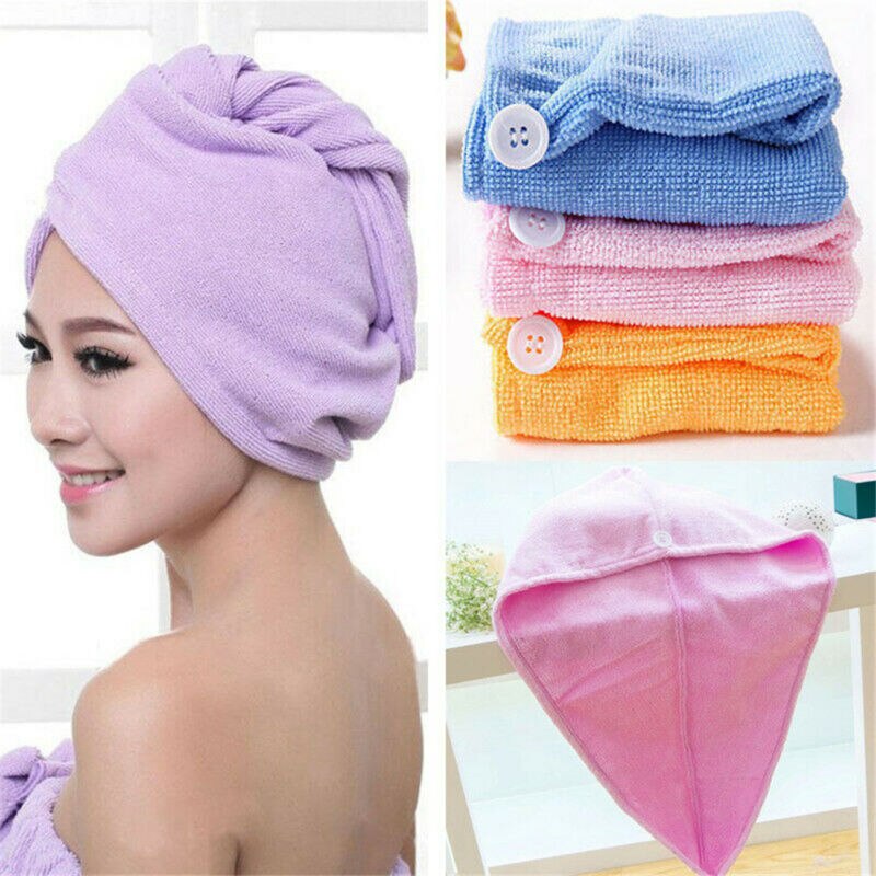 Newest Turbie Quick Drying Hair Towel Twist Wrap Loop Button Hat Cap Turban Solid Shower Bath Caps