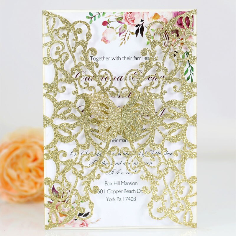 10/20 stücke Glitter Schmetterling Einladung Karte Hochzeit Engagement Geburtstag Baby Dusche Taufe Party Dekoration Favor Supplies: Gold / 20pcs