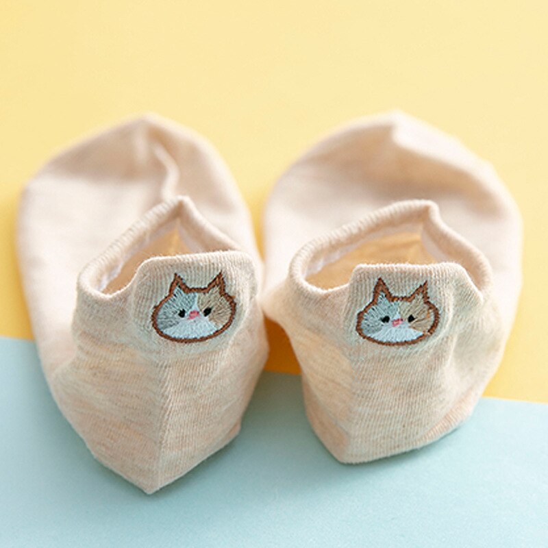 1Pair Kawaii Embroidered Expression Women Socks Happy Ankle Funny Animsl Socks Women Girl Cotton Summer Candy Color Cute: Beige