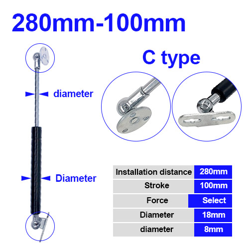 18*8 Rod Gas Spring folding hinge 50N-500N/5kg-50kg Force lift support Hole Center Distance 280mm stroke distance 100mm: Blue / 1/2"