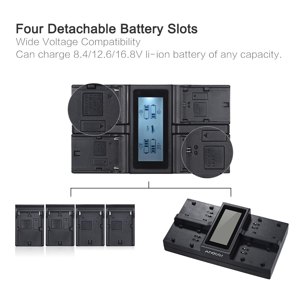 Carregador de bateria para câmera digital andoer NP-FW50 npfw50, 4 canais, lcd, para sony a7, a7r, a7sii, a7ii, a6500, a6300, a7rii, nex