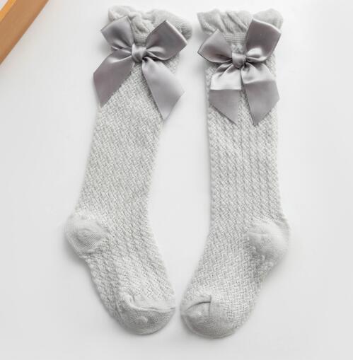 Bébé été mince Anti-moustique bas bulle bouche Vertical rayé nœud maille bas Bowknet princesse robe jambières: Gray Bow Knee Mesh