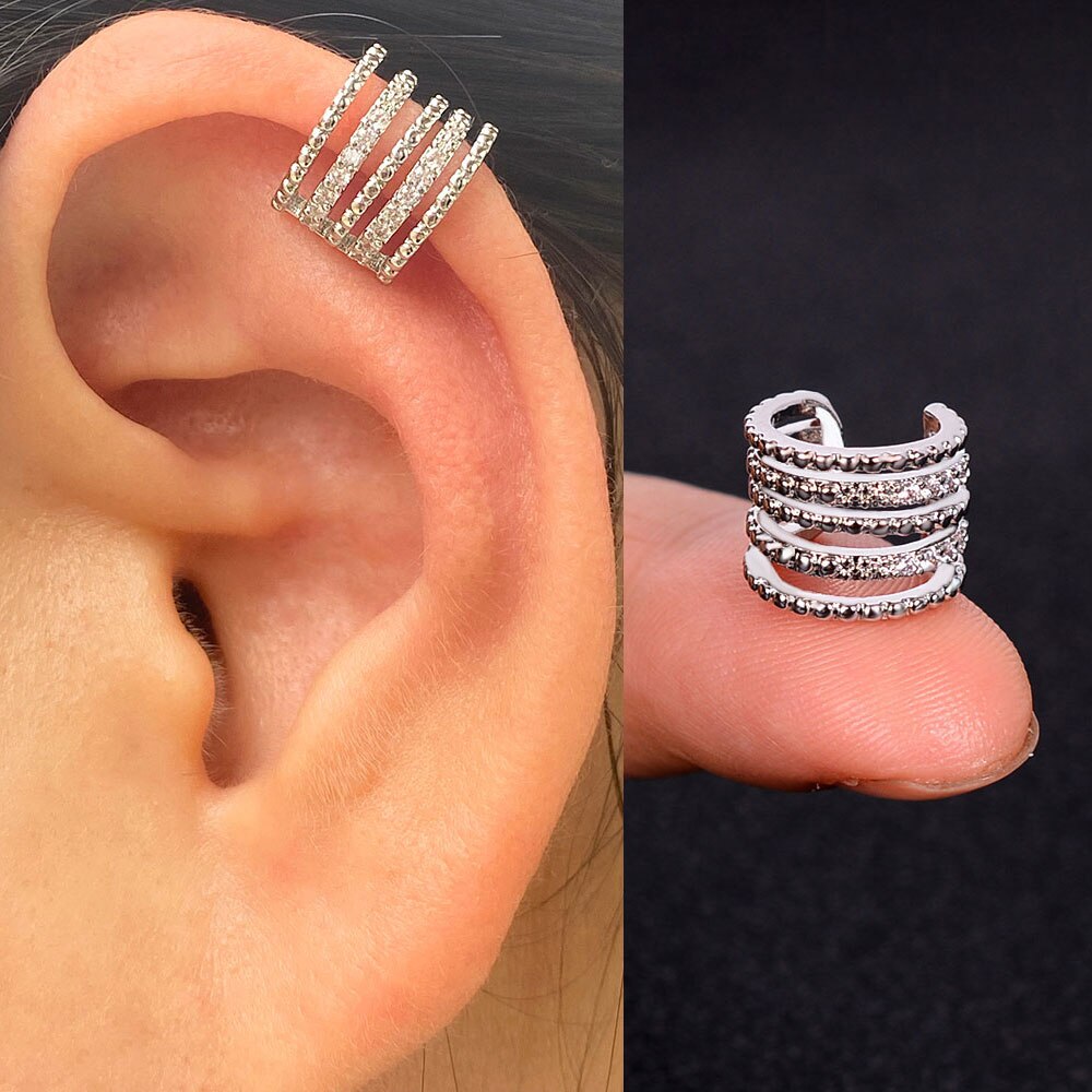 1pc nova chegada moda requintado arco-íris zircão orelha manguito brinco para a mulher geometria cristal sem piercing orelha clipe de jóias de verão: 3 silver
