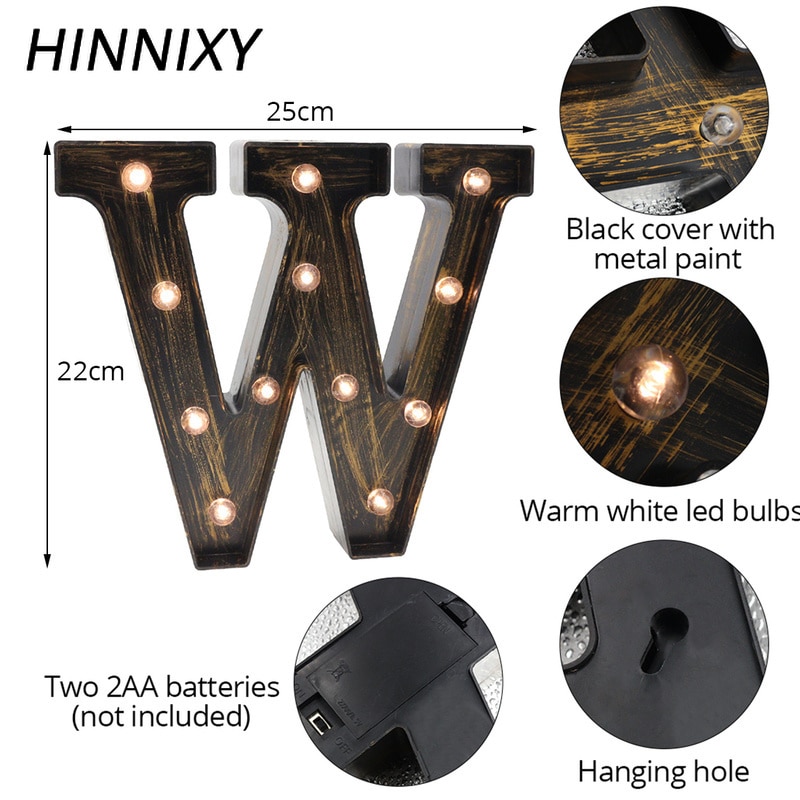 Hinnixy 26 lettre lampe Style industriel LED veilleuse 3D Alphabet lampe batterie café Bar éclairage de décoration de noël