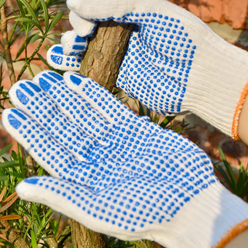 1 Paar Katoenen Garen Praktische Anti-Slip Handschoenen Antislip Veiligheid Arbeid Handschoenen Gele Stippen Gezellige Werken Huishouden handschoenen Voor Tuin