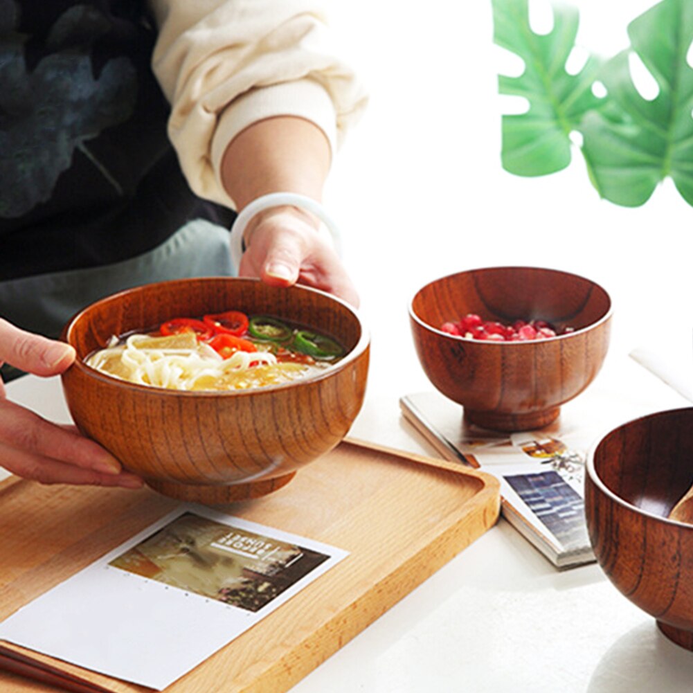 Hoge Temperatuur Weerstand Japanse Stijl Massief Houten Kom Soep Rijst Noedels Voedsel Serveren Ronde Servies Duurzaam Bowls