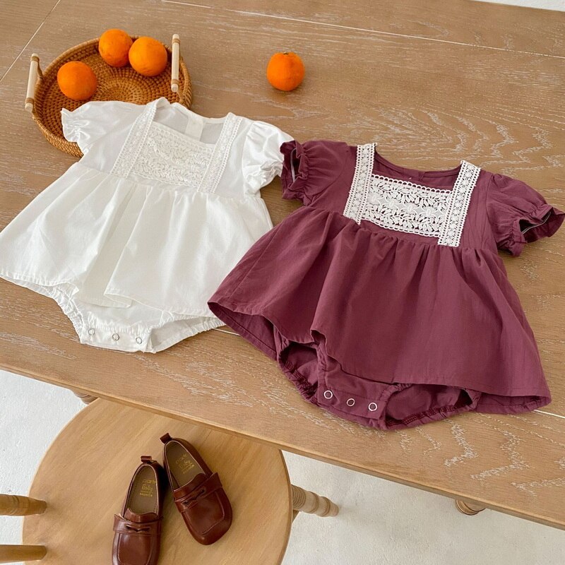 Body d&#39;été pour bébé fille, col carré, blanc, violet, manches bouffantes, dentelle, vêtements en coton pour enfant, 2022, E2042