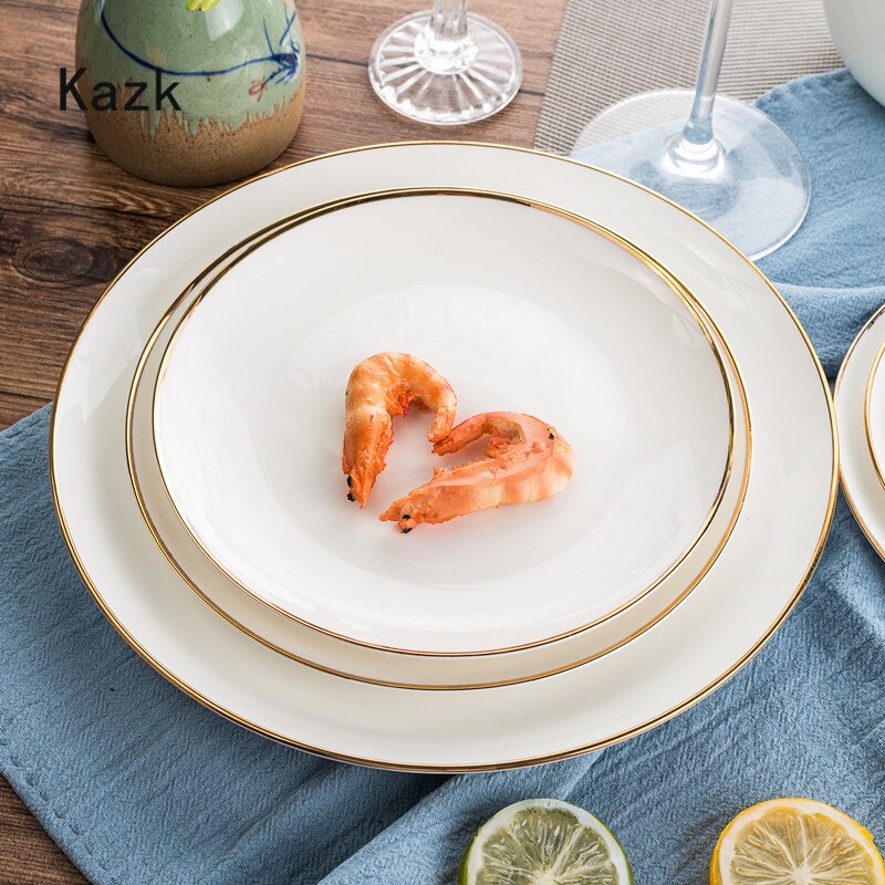 Simplicity Golden Edge Ceramic Plate Household Dining Table Steak Dinner Plate Dessert Salad Dishes Luxurious Tableware Set