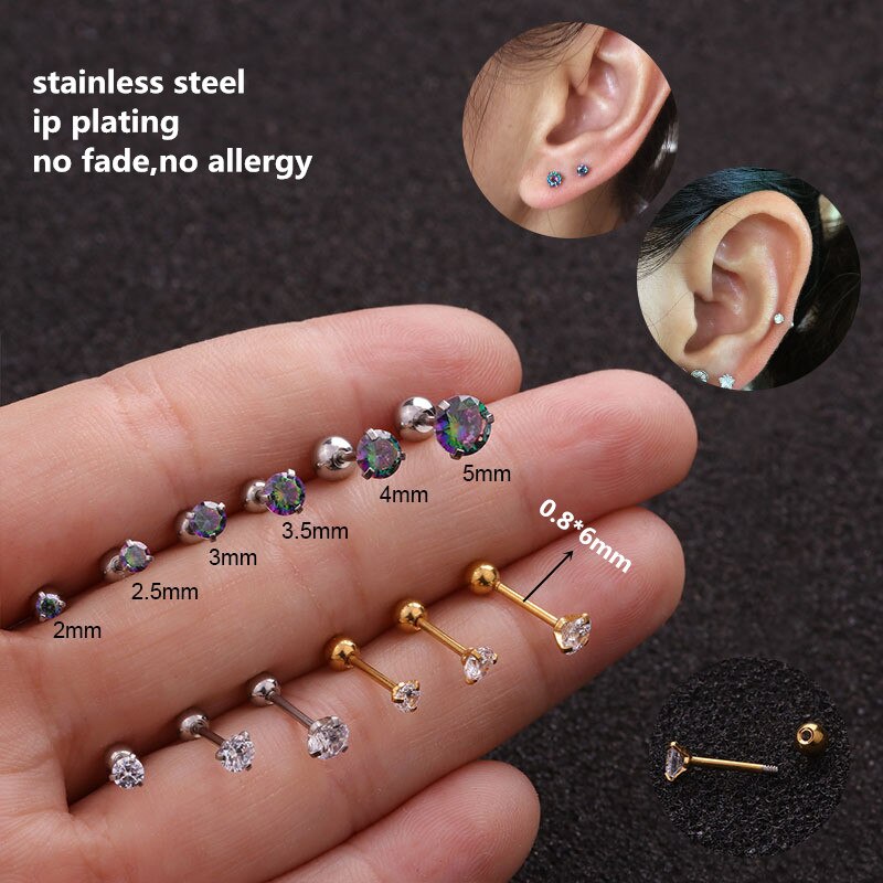 1 pc lot Slim Ear sztaba iglicowa 0.8*6mm stal nierdzewna śruba stalowa powrót okrągłe cyrkonie stadniny kolczyki 2mm do 5mm IP poszycie nie łatwe znikną