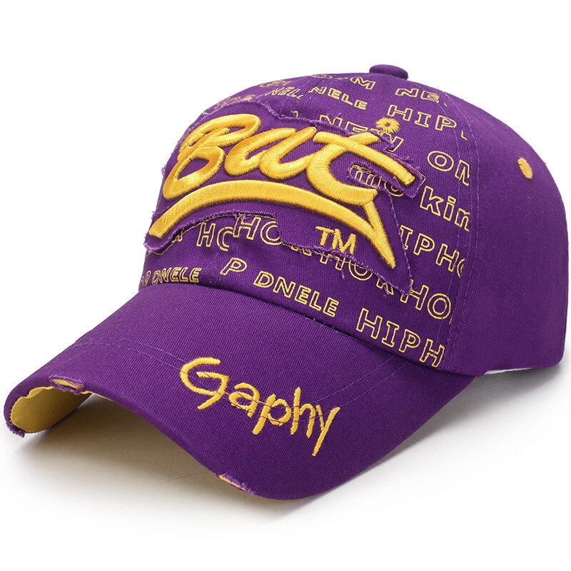 Vintage cassé trou lettre chauve-souris casquette décontracté en plein air casquettes de Baseball pour hommes femmes Snapback casquettes soleil chapeau os Garros: Purple