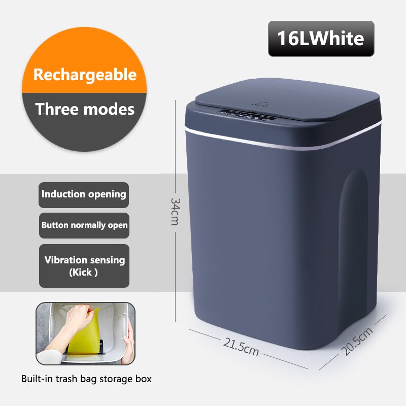 Smart Trash Can Automatic Induction Trash Can with Lid USB Charging Trash Can Bin 12/16L with LED Lights Home Smart Garbage Bin: USB Bule 16L