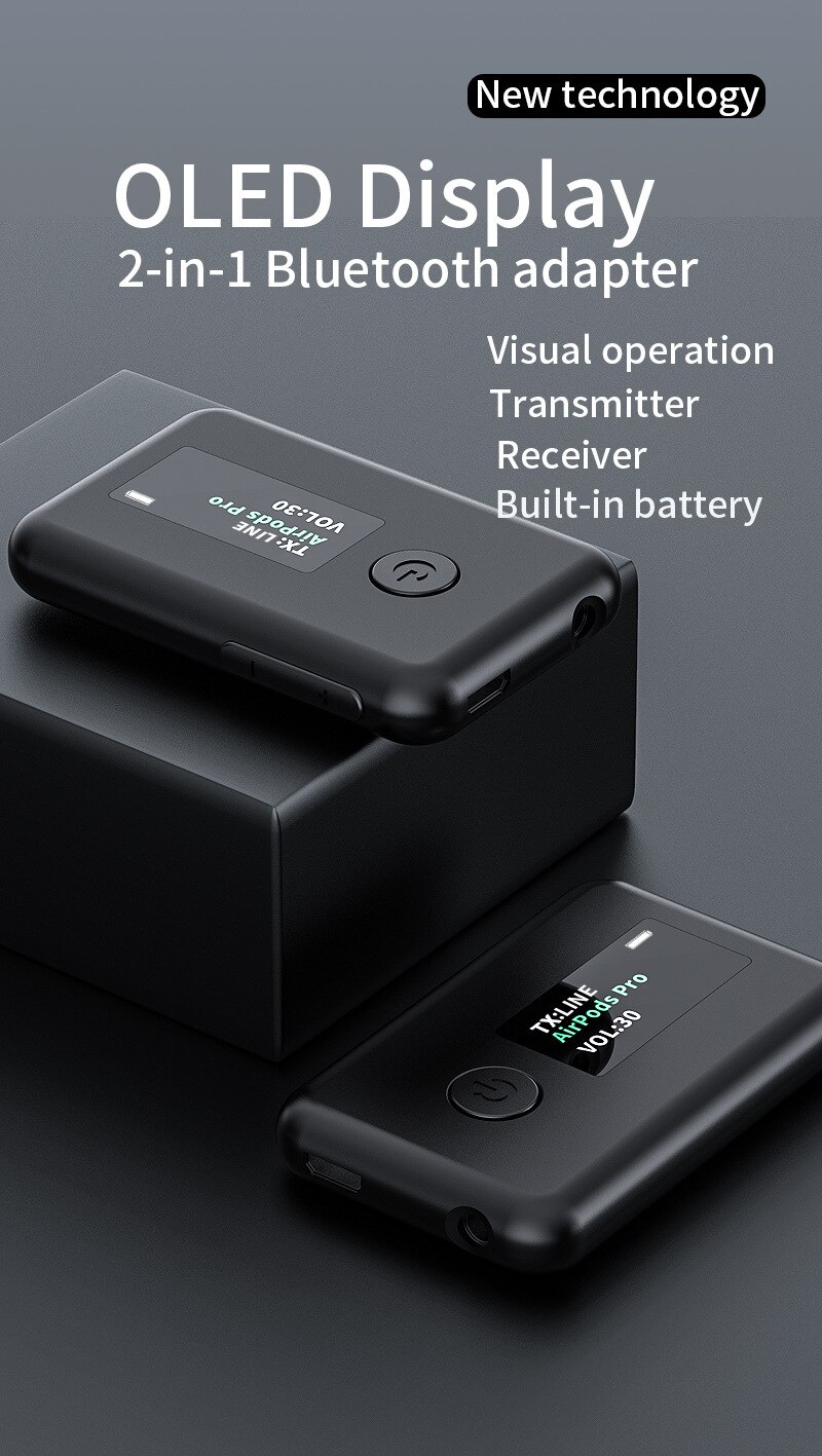 2-in-1 Bluetooth 5.0 Transmitter Receiver OLED Screen Bluetooth Adapter for TV/Car/Home Bluetooth Receiver Wireless Transmitter