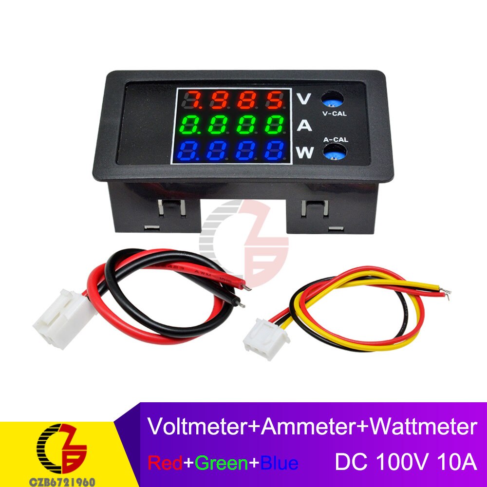 DC 100V 10A Digital Voltmeter Ammeter Wattmeter 50V 5A Voltmeter Current Power Meter Car Battery Capacity Tester 12V 24V 48V 72V: Red-Green-Blue