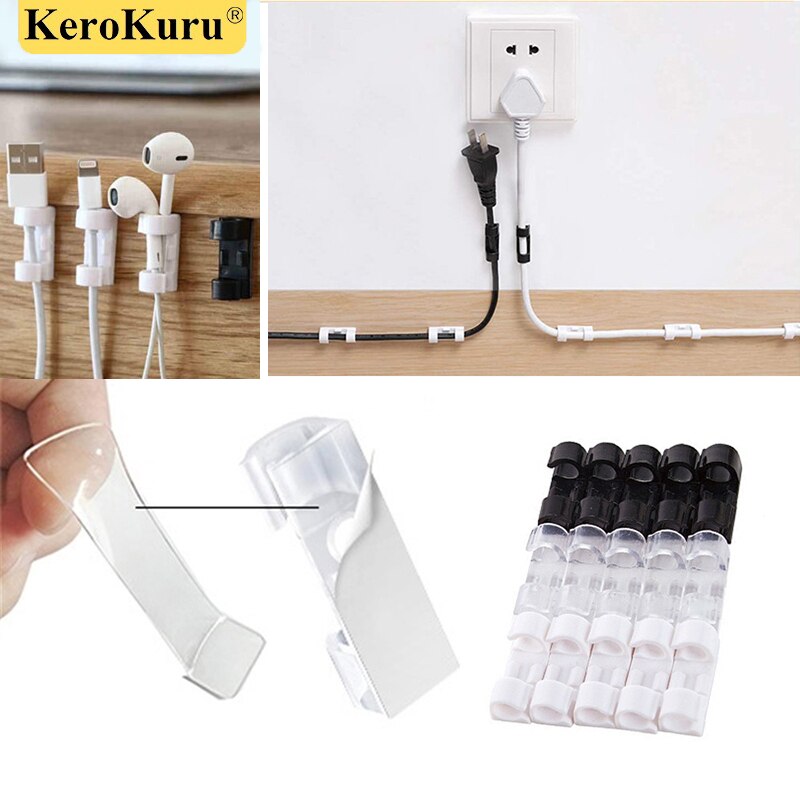 Adhesive Cable Organizer Clips Cable Management With Acrylic Double-Sided Tape Wire Manager Cord Holder USB Winder