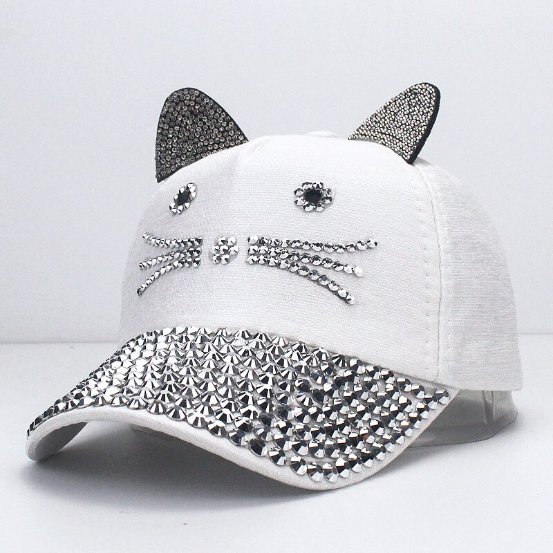 Gorra de béisbol ajustable con orejas de gato para niños, gorro con diamantes de imitación, perlas, ajustable, para primavera y verano: E