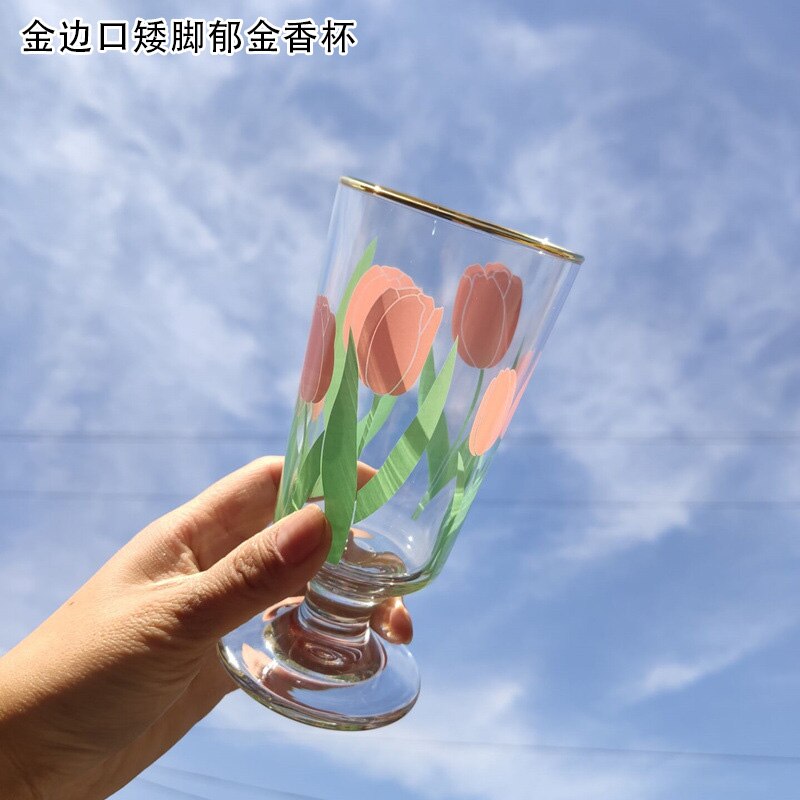 Holaroom-cáliz de flores para beber leche y zumo, vasos de vino con de margaritas y tulipanes, taza de café, vaso de vidrio práctico para agua: GoldTulip