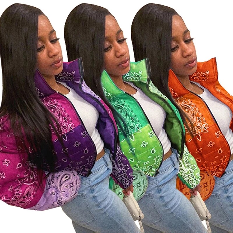 Manteau Bandana imprimé Paisley pour femme, veste à bulles, parka chaude, décontractée, fermeture éclair, vêtements d'extérieur, hiver