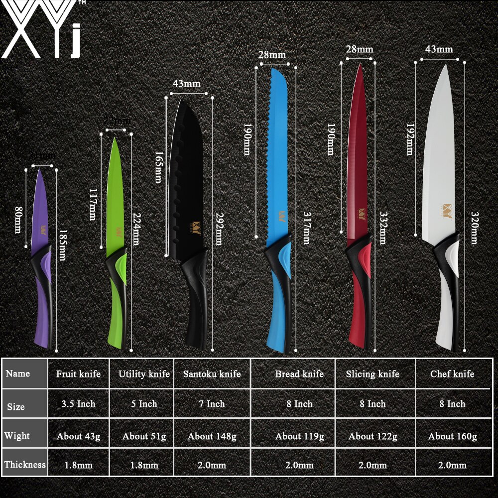 Xyj 6 stk rustfritt stål knivsett 8 '' 7 '' 5 '' 3.5 '' fargerikt skarpt tynt blad komfortabelt håndtak kniver matlaging kjøkken dingser