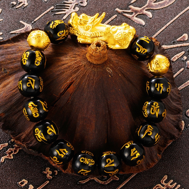 Top natural Obsidian Stone Beads Bracelets Wristband Wealth real 24K gold pendant Women Men Religious Strand Bracelets