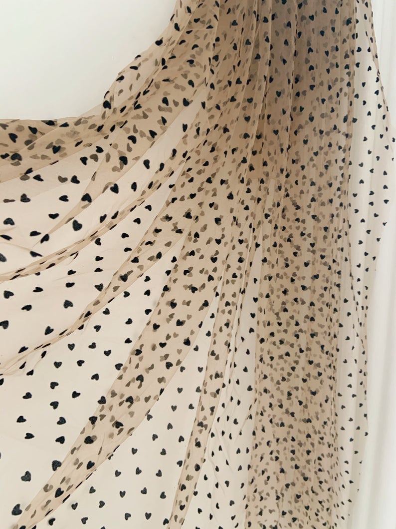 1 yard Nude Tan Tulle Lace Fabric With Velvet Hearts Tulle Mesh Fabric With Velvet Dot