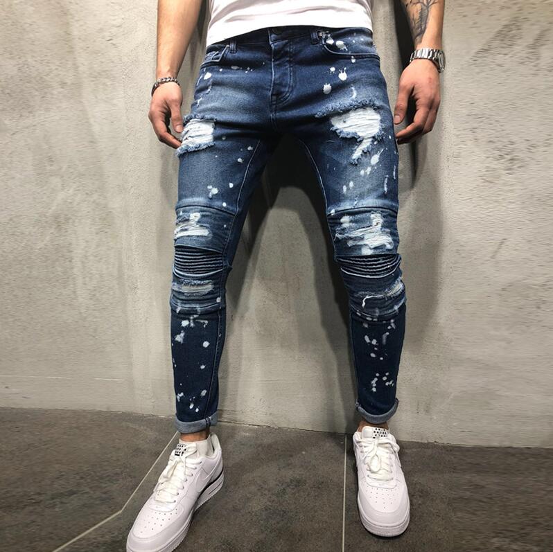 Men's Painted Skinny Slim Fit Straight Ripped Distressed Pleated Knee Patch Denim Pants Stretch Jeans: L