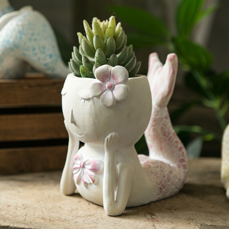 Pot de fleur de sirène mignon, Mini Vase de dessin animé, ornements en forme de poisson, Succulents amoureux des fleurs vertes, décoration de jardin pour la maison: A