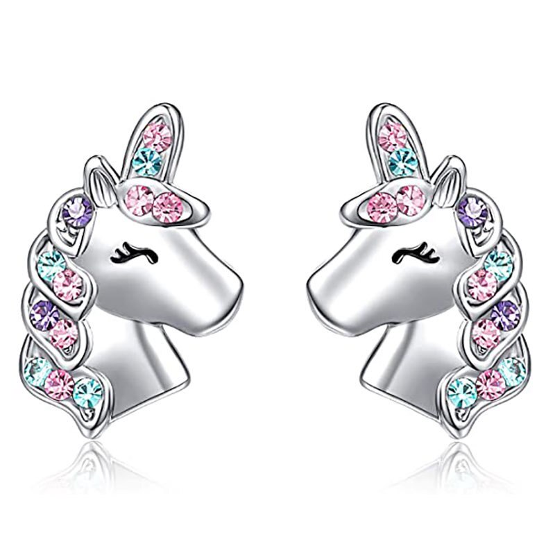 Einhorn Stud Ohrringe 925 Silber Multi-Farbe Strass Kleine Herz Katze Regenbogen Ohrring Für Frauen Hochzeit Modeschmuck: HE013