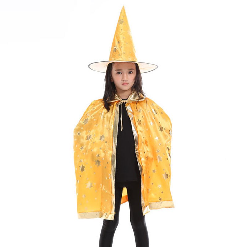 Kids Witch Wizard Cloak Hat Set Stars Pattern Halloween Role Play Cape Robe Costume For Boys Girls