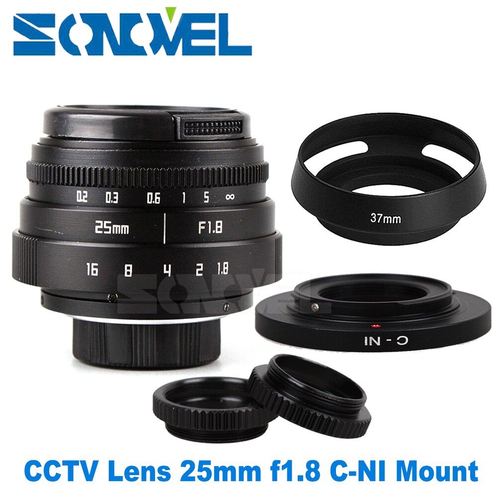 25mm F1.8 APS-C Télévision TV Objectif CCTV Objectif à monture C + Lens hood pour Nikon 1 mirrorless Caméra AW1 S2 J4 J3 J2 J1 V3 V2 V1 C-NI