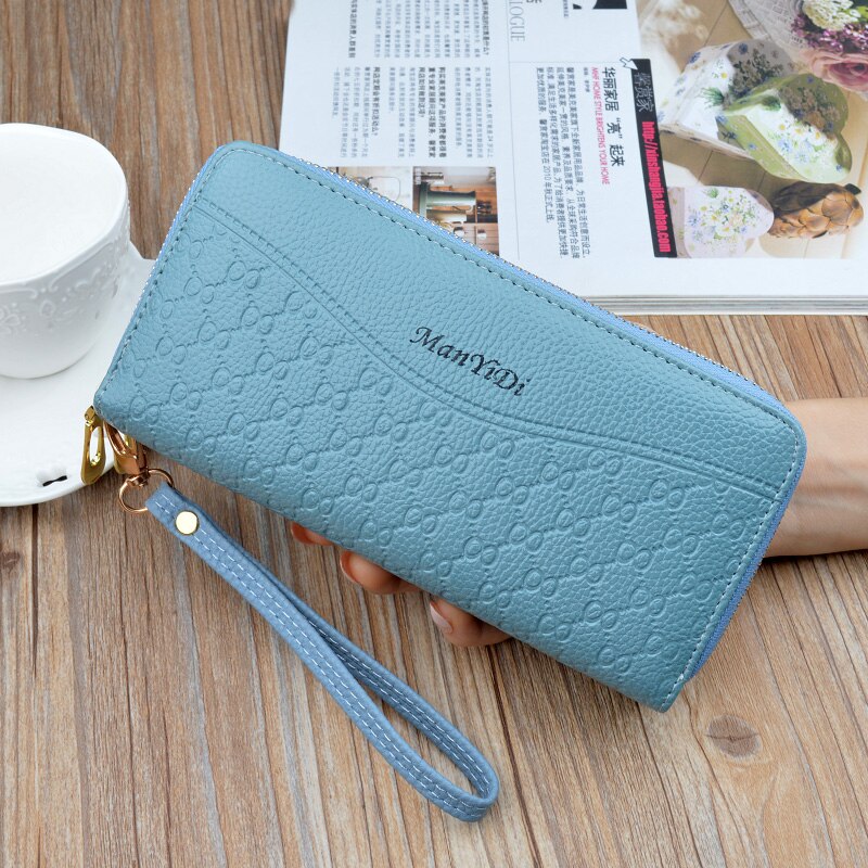 Women's Long Double Zip Wallet Large Capacity Clutch Wallet Double-layer Soft Leather Korean Multi Card Holder Wall: Blue