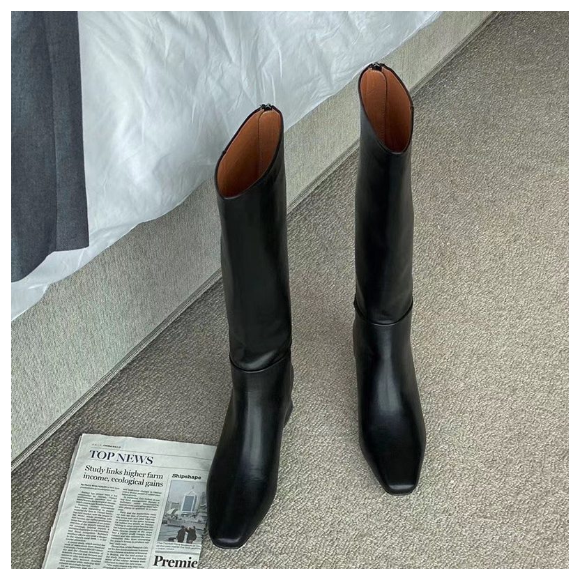 Vinter knehøye støvler kvinner med hæl lange støvler glidelås firkantet tå sko kvinner casual chelsea støvler for kvinner merke sko: Svart / 5