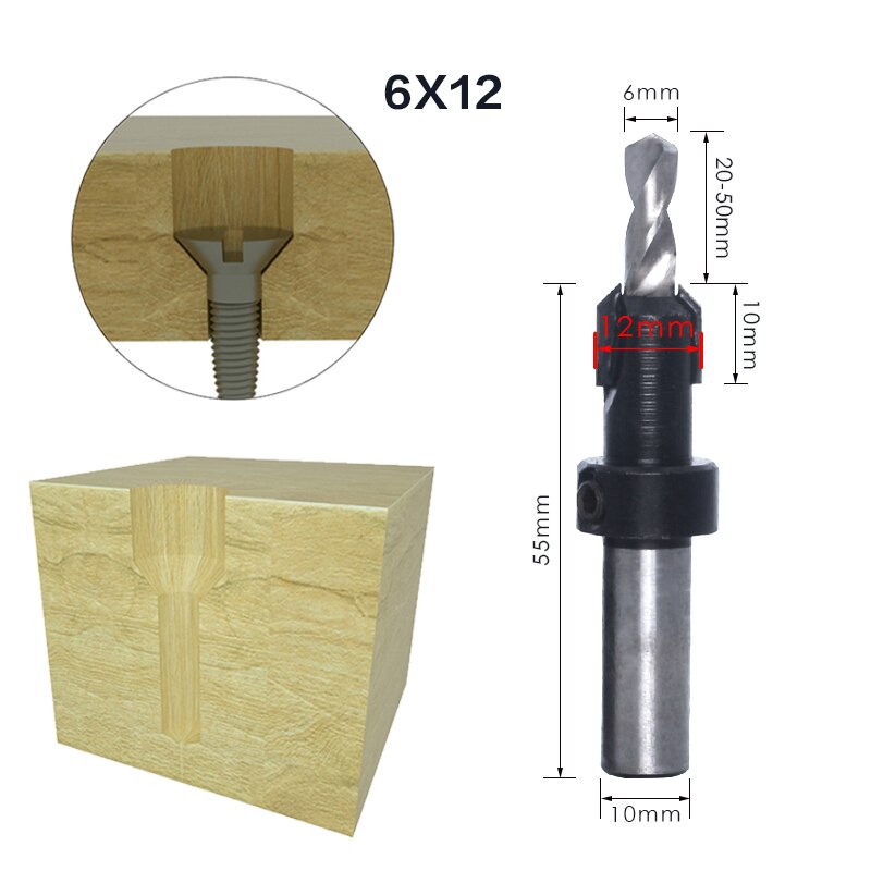 1Pcs 8Mm 10Mm Shank Hss Houtbewerking Countersink Router Bit Set Tapeinduithalerset Remon Sloop Voor Hout Frezen cutter: 10mmShank 6X12mm