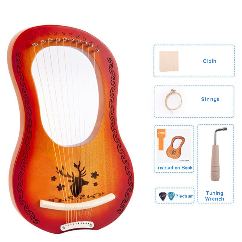 Mahogany 10 Strings Lyre Harp Greek Small Musical Instrument Including Instruction Tuning Wrench Plectrum Cloth For Beginners: Reindeer Sunset