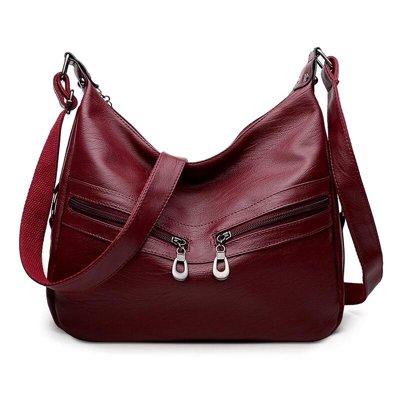 Kvinder retro blød pu læder taske mærke messenger bag kvindelig stor kapacitet håndtaske totes taske til kvinder skuldertasker: Rødvin