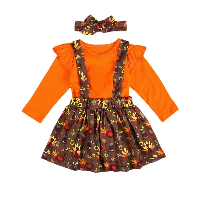 Thanksgiving Peuter Baby Meisjes 3 Stuks Rokken Outfits, Lange Mouwen Top + Jarretel Gedrukt Rok + Hoofdband: Oranje / 24M