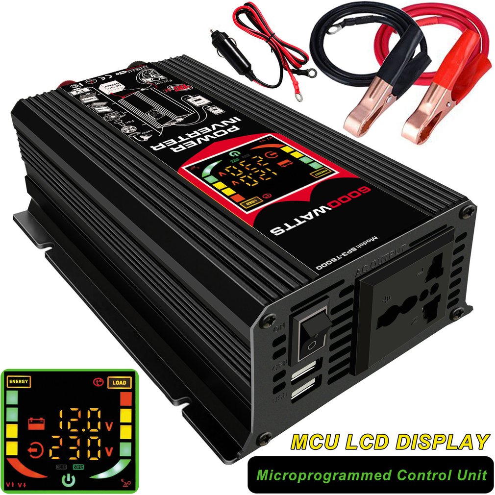 6000w 12v to 220v smart skjerm bil strøm inverter omformer adapter dual usb spenningstransformator modifisert sinusbølge