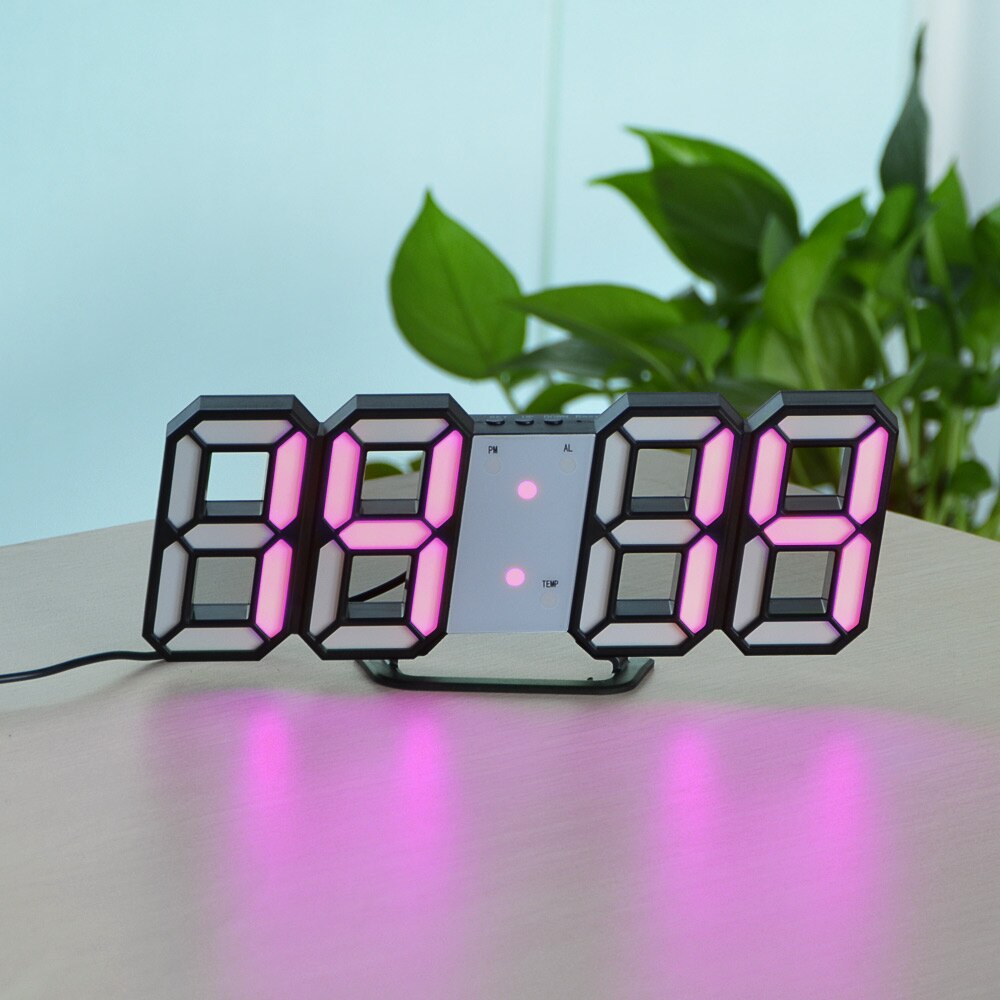 Relojes Despertadores 3D LED Digital electrónico Reloj de pared para escritorio USB LED rojo azul Rosa Blanco 12/24 horas lámpara fecha hora temperatura: Pink B
