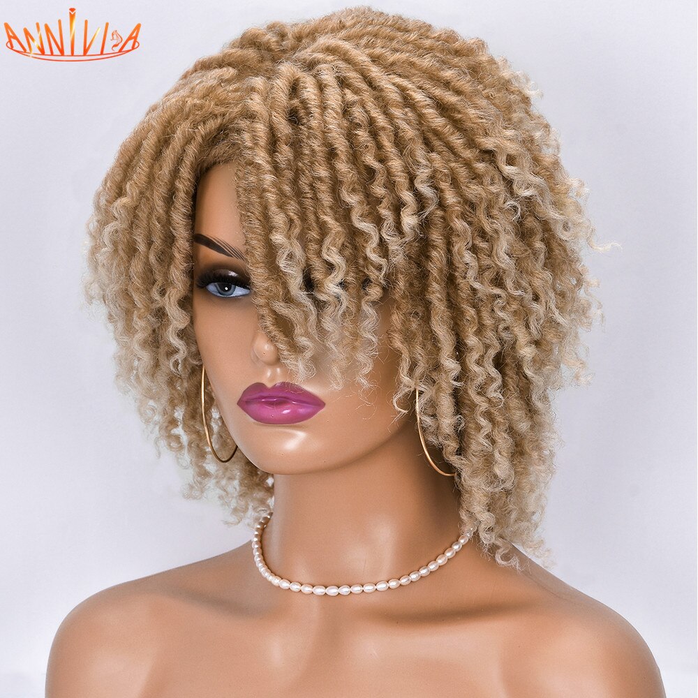 Short Dreadlock Hair Wig Curly Synthetic Soft Faux Locs Wigs With Bangs For Black Women Ombre Crochet Twist Hair Wigs Annivia: 27-613