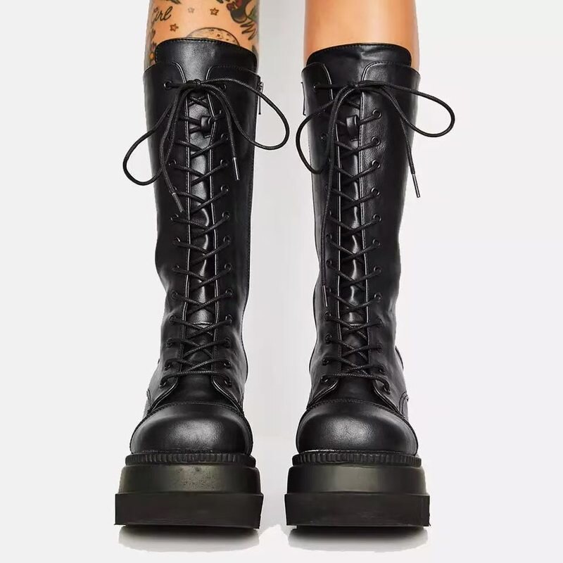 Zapatos de plataforma zapatos botas zapatos de mujer PU botas de montar de piel calzado con cremallera para damas Botas Largas otoño negro mujeres botas Zapatos Gothic