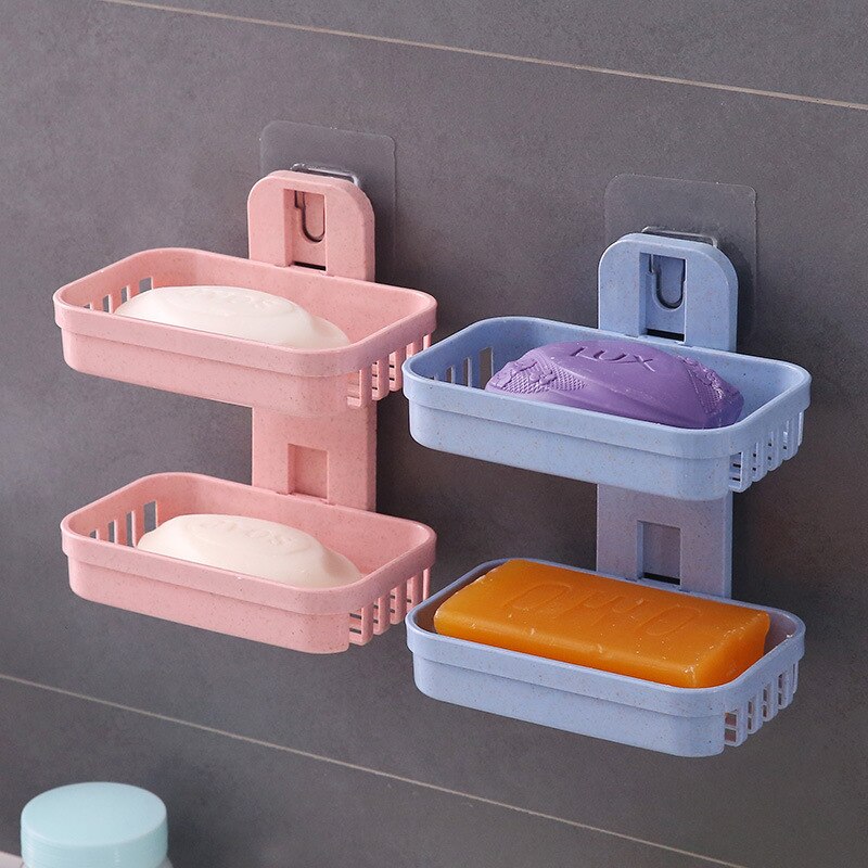 Soporte de plástico con ventosa para el baño, soporte de pared de doble cubierta, drenaje , almacenamiento de jabón, bastidores dobles, novedad