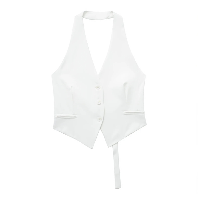 TRAF Black White Sleeveless Vest Women off Shoulder Cropped Vests for Women Waistcoat Halter Vest Top Women Vest Woman: XS / WHITE