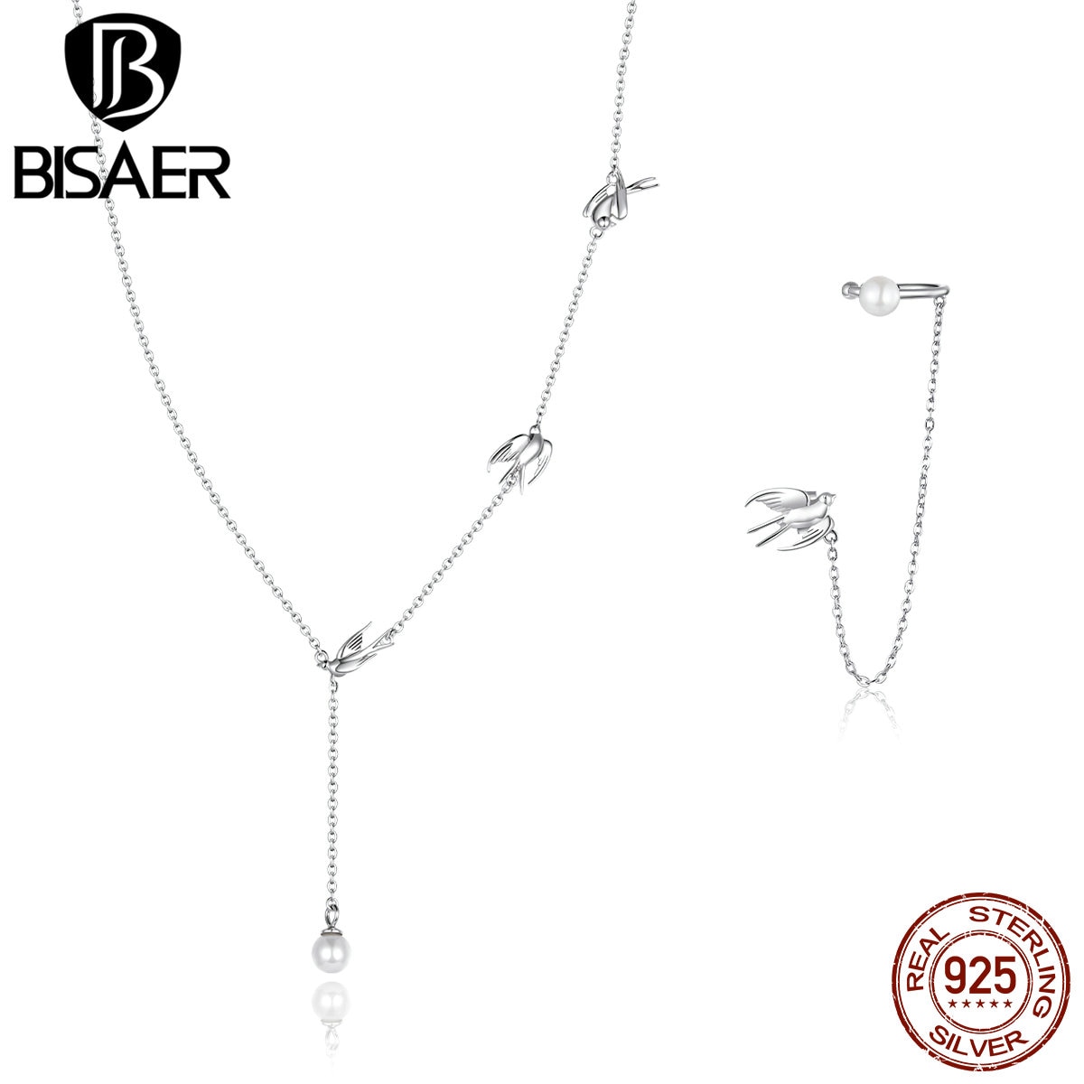 Flying Swallows Jewelry Sets BISAER 925 Sterling Silver Neclace & Clip Earrings Long Chain Earrings For Women Jewelry