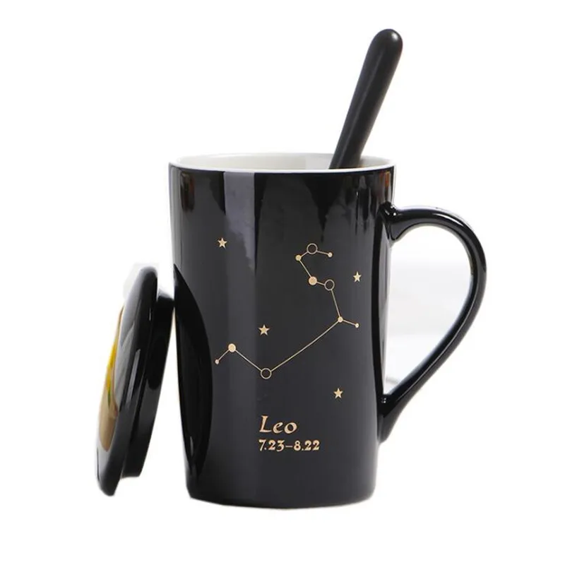 Con caja de , tazas de cerámica de 12 constelaciones, tapa de cuchara, porcelana negra y dorada, taza de café con leche del zodiaco, agua de 400ML