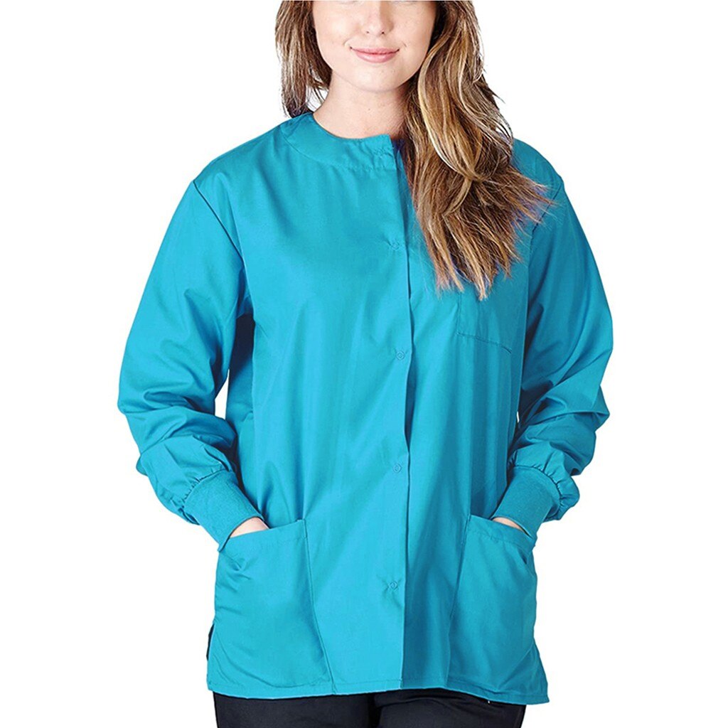 Protect Uniform Women Long Sleeve O-neck Nursing Uniform Traje Protector Blouse Tops Jacket With Pocket Protection: Light blue / F
