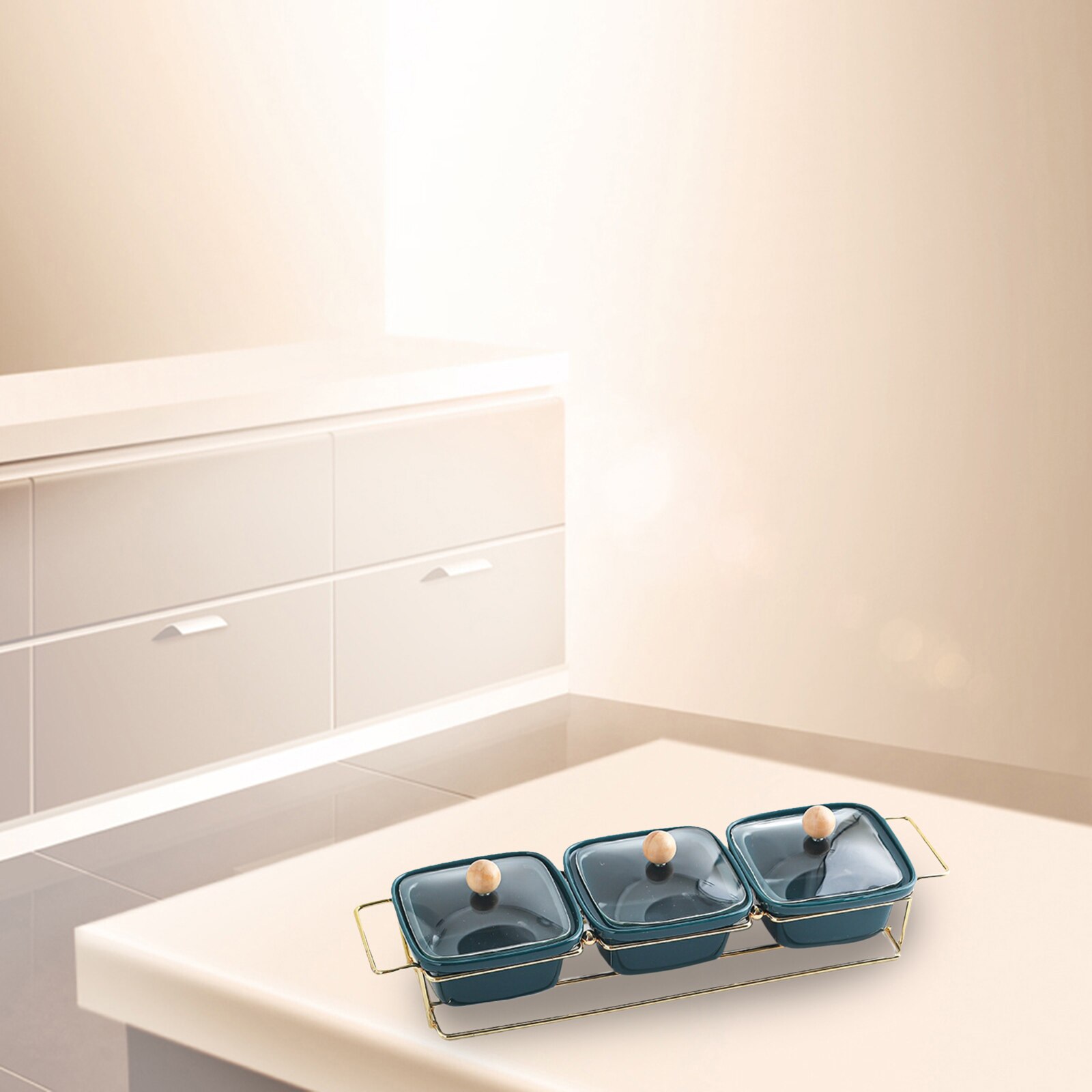 Ceramic Snacks Platter Glass Lid Moisture-proof Serving Bowl Divided Metal Rack for Nuts Candy Desserts: 3 grid green