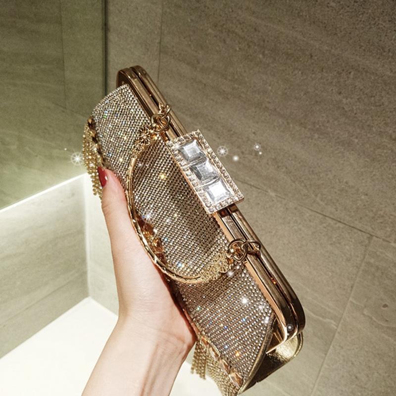 Women'S Crystal Evening Bag Retro Beaded Clutch Wedding Diamond Lock Rhinestone Chain Fringe Shoulder Bag