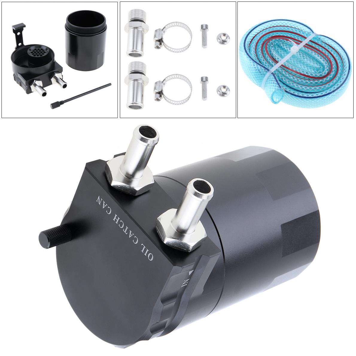 Récupérateur d'huile universel en aluminium noir, réservoir de filtre à huile rond, reniflard avec raccords et jauge d'huile pour voiture