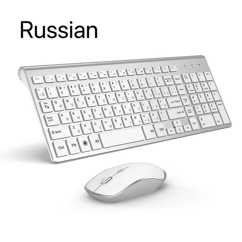 Teclado sem fio mouse espanhol/russo conjunto 2.4g ultra-fino design elegante para escritório/viagens teclado mouse sem fio de tamanho completo: BRANCO